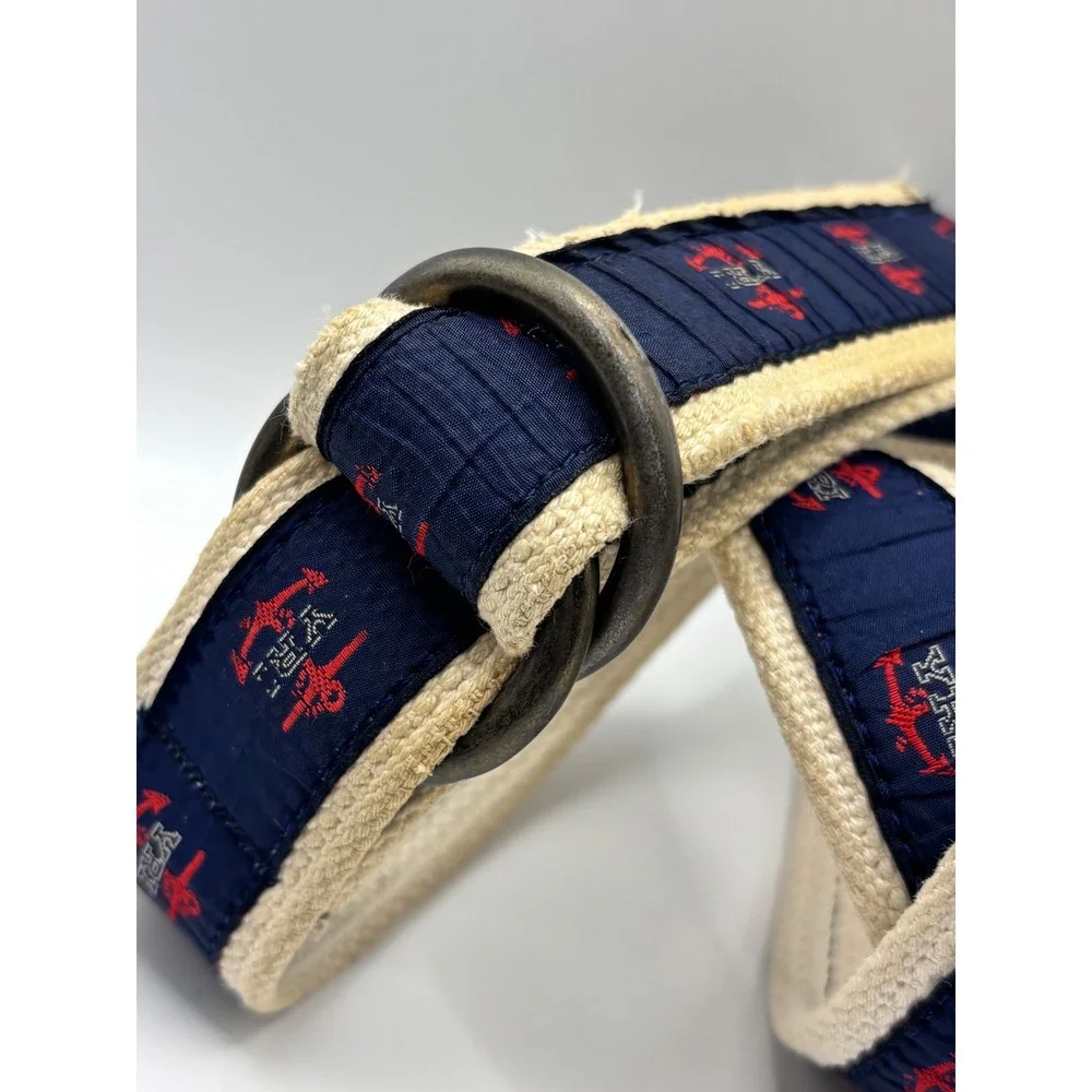 YRI Sailing Research Navy Anchor Embroidered Canvas D-Ring Belt Cream 41.5 Inch